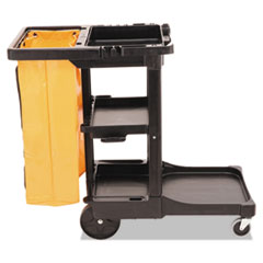 Rubbermaid® Commercial Multi-Shelf Cleaning Cart, Plastic, 4 Shelves, 1 Bin, 20" x 45" x 38.25", Black