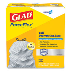 Glad® ForceFlex Tall Kitchen Drawstring Trash Bags, 13 gal, 0.72 mil, 23.75" x 24.88", Gray, 100/Box