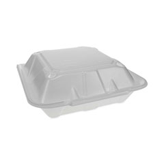 Pactiv Evergreen Vented Foam Hinged Lid Container, Dual Tab Lock Economy, 3-Compartment, 9.13 x 9 x 3.25, White, 150/Carton